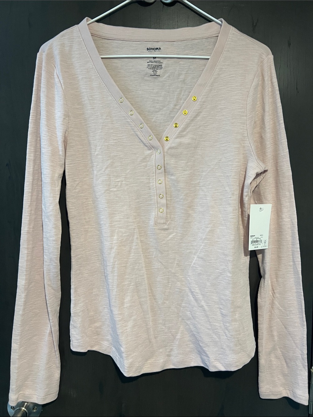 Sonoma Light Pink Long-Sleeve Henley Top with Snap Buttons